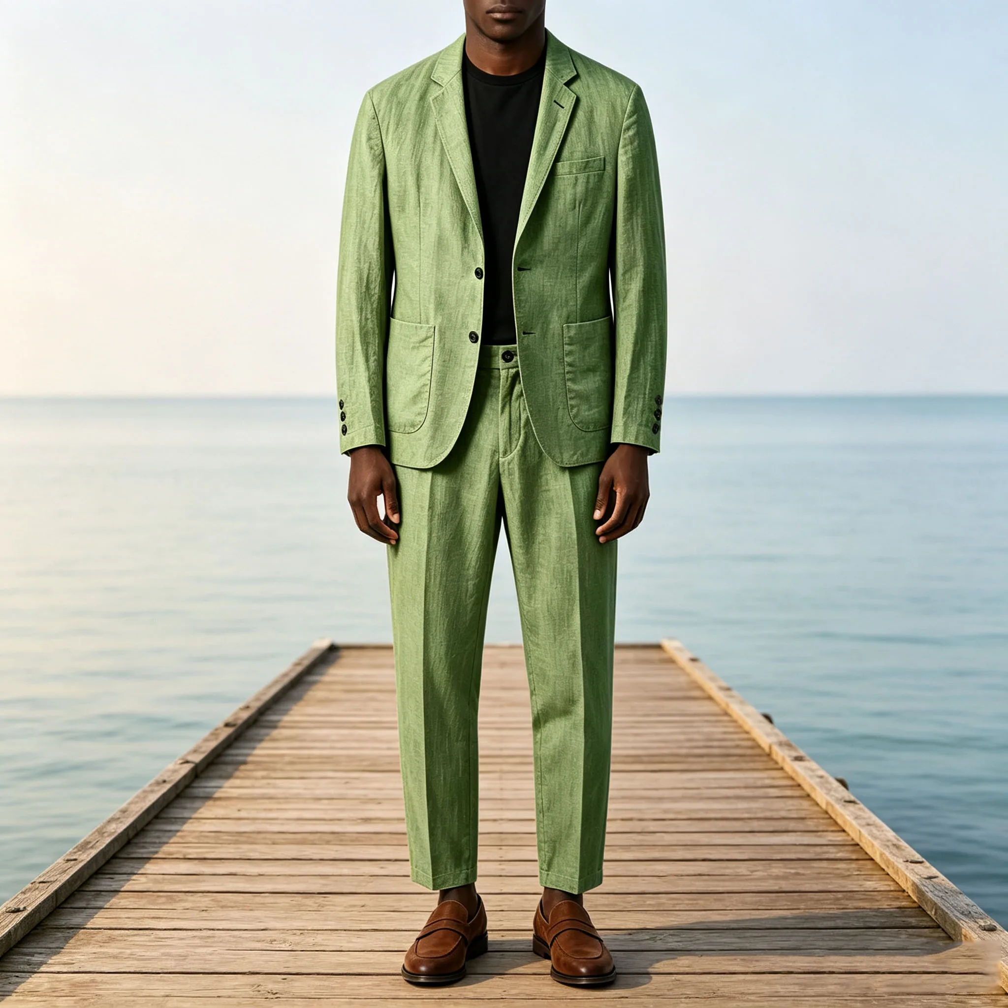 Men's Linen Blend 2 Pieces Suit Notched Lapel 2 Buttons Slim Fit Jacket Ankle Straight Leg Pants Casual Set Summer Beach Wedding