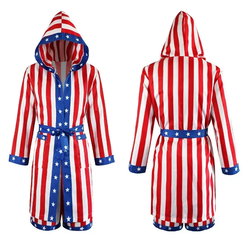 Disfraz de Rocky Balboa Boxer para niño, capa roja con capucha, pantalones cortos, bata de boxeo de película, abrigo, pantalones, cinturón, Cosplay de Halloween, 3 uds.