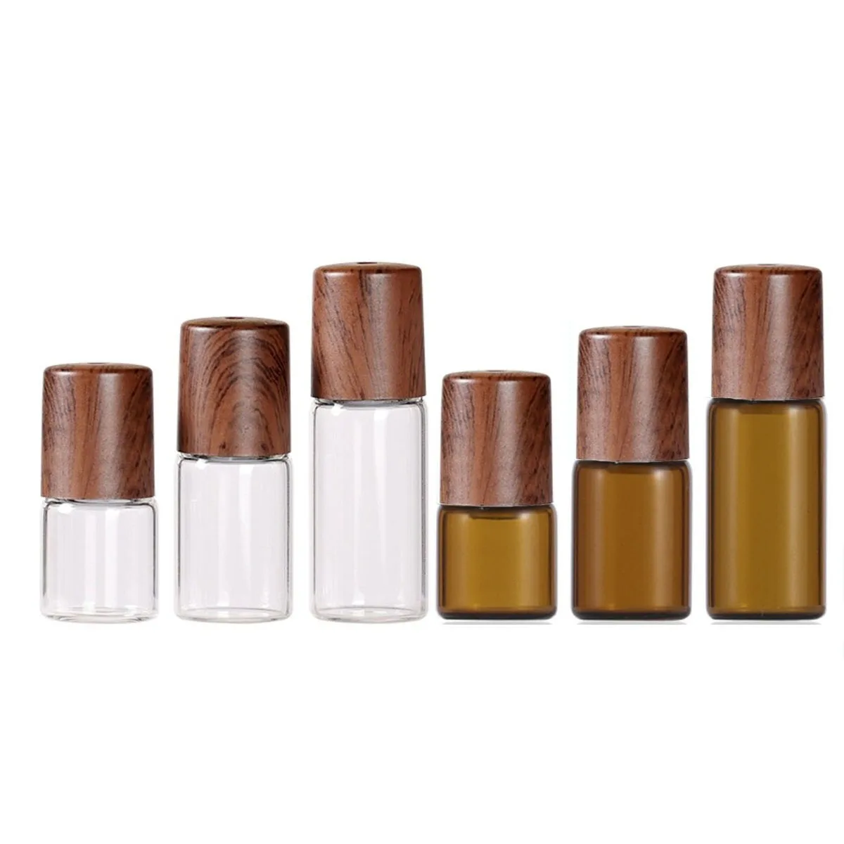 5x ガラス製エッセンシャルオイルローラーボトル 1/2/3/5ml アンバー/クリア ロールオンバイアル ウッドルック プラスチックキャップ 蓋 香水詰め替え ポータブル