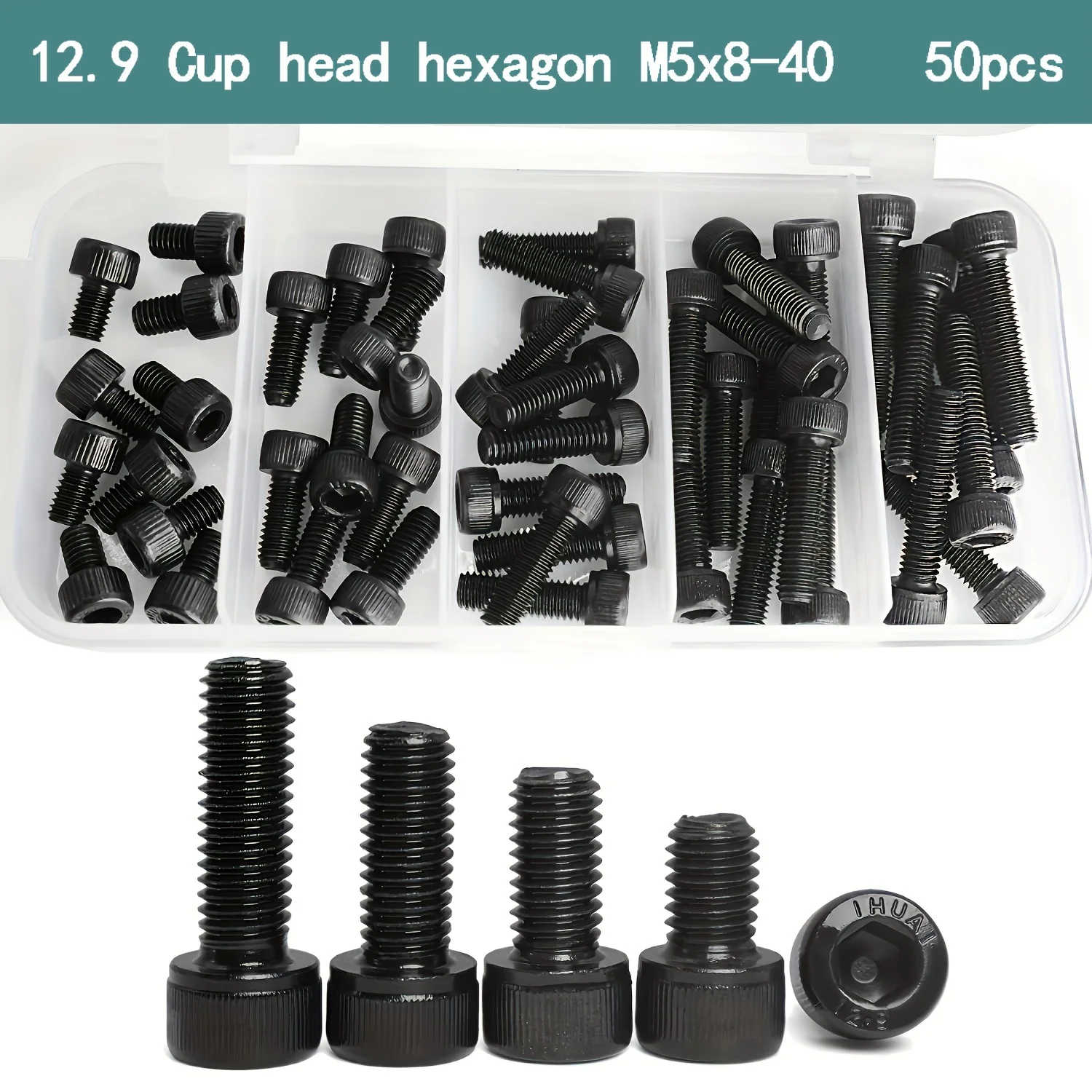 M5 Screws Bolts, Metric Allen Hex Drive, 12.9 Grade Alloy Steel, Black Oxide Finish, Fully Threaded, Assortment Kit 50PCS