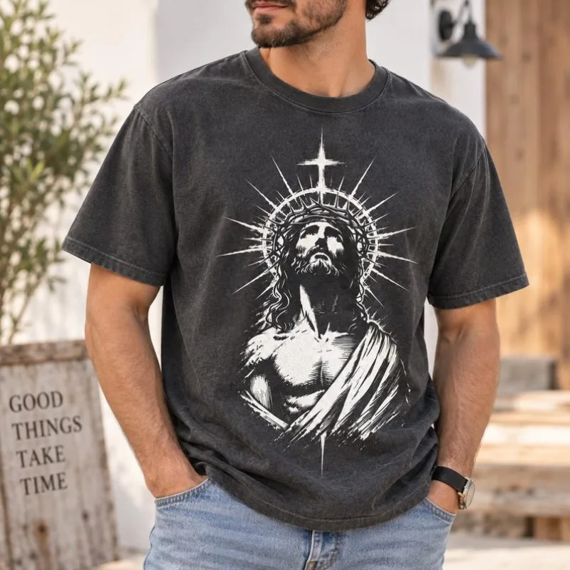 Vintage Jesus Crown of Thorns Cross Graphic T Shirt Unisex Christian Religious Faith Short Sleeve Casual Tee