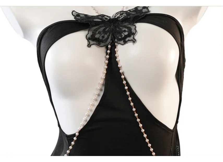 Hot Sell Sexy Butterfly Chest Hollow Mesh See Through Mini Nightdress Pearl Chain Women Underwear Role Play Lingerie Nightgown