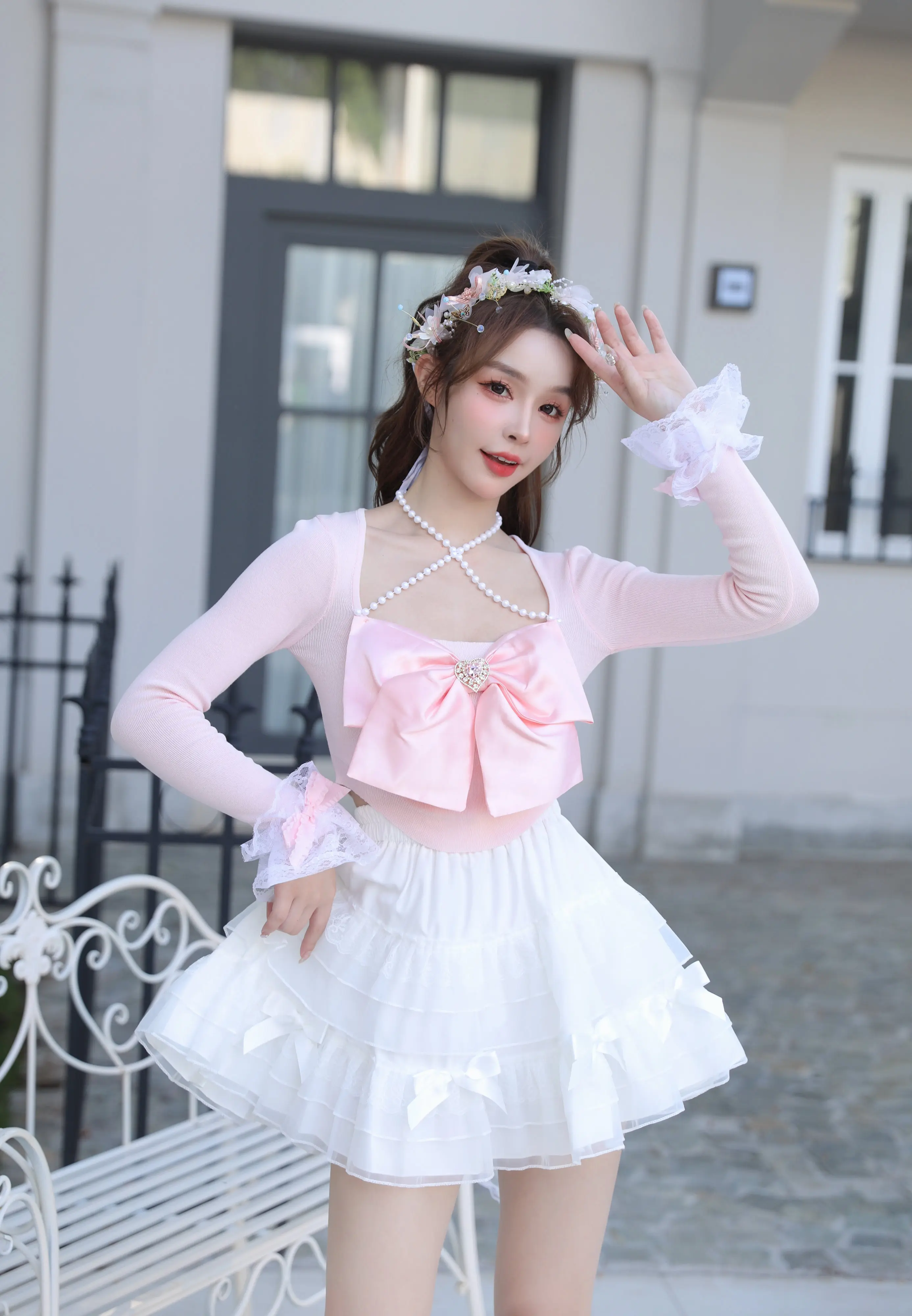 Princess Bowknot Love Rhinestone Pearl Cross-Halterneck Lace Midriff-Baring Knitted Sweater Short Top Women's Cropped Sweaters