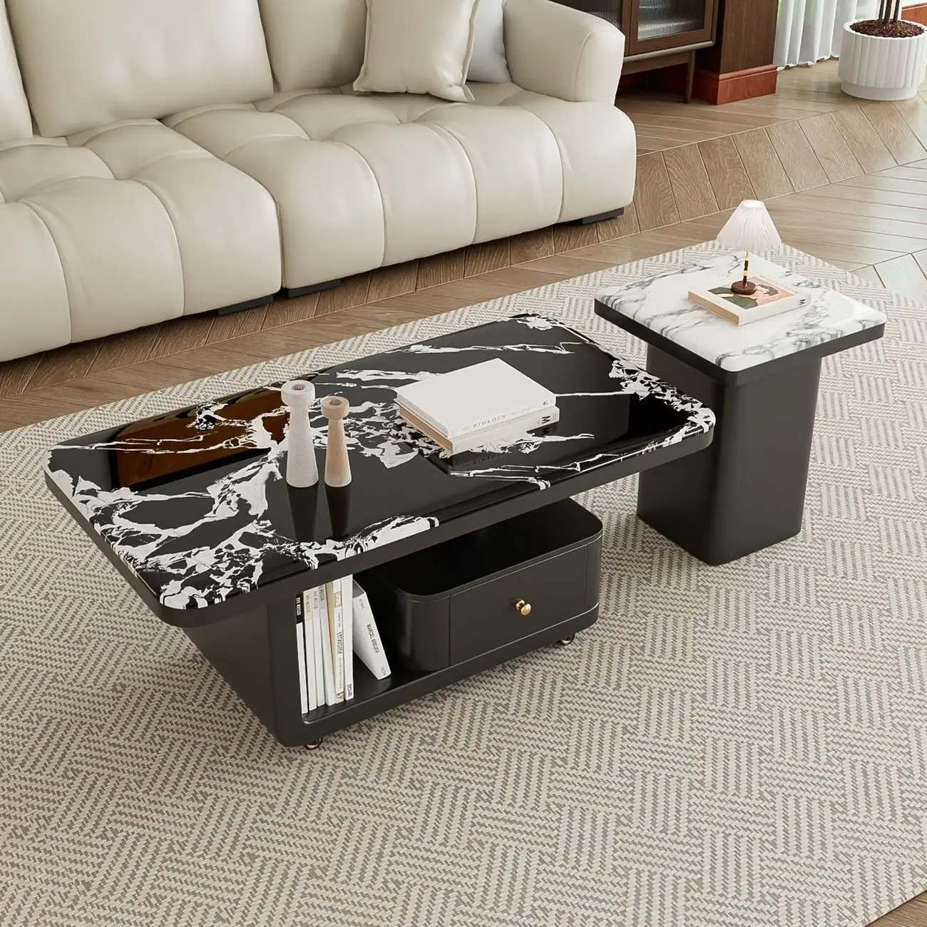 #Modern Mobile Coffee Table:  Crystal Stone-Top Coffee Table with Casters and  Drawers Living Room Furniture