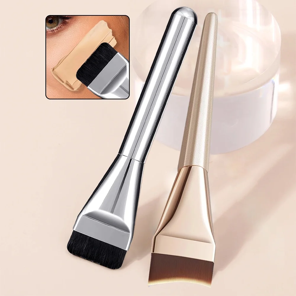 Conjunto de 2 Pincéis de Maquiagem Profissionais: Pincel de Base Ultrafino de Uma Linha e Pincel de Máscara em Formato de Meia-Lua com Cerdas Macias e Fofas