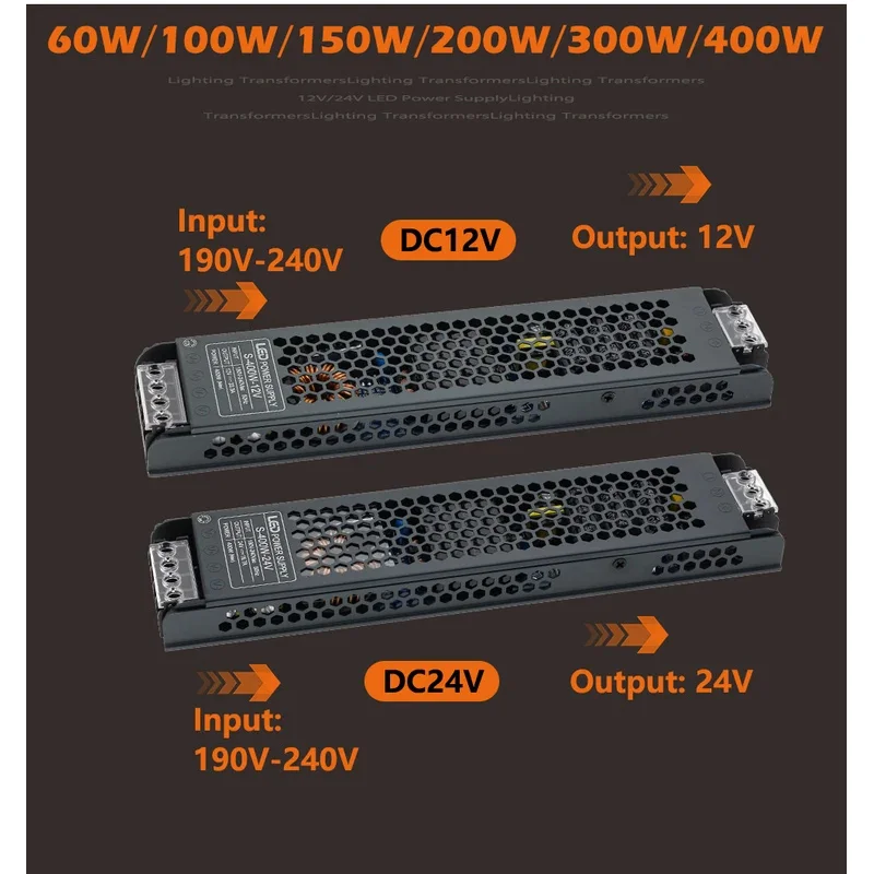 LED Power Supply AC190-240V DC12V 24V Mute Lighting Transformer LED Converter Light Driver Power Adapter 60W 100W 200W 300W 400W