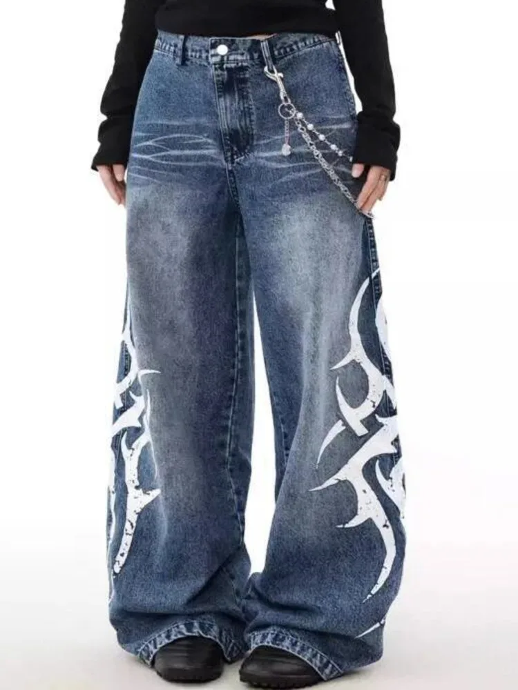 High Street American Vintage Print Jeans For Men Niche Trendy Hip Hop Loose Wide Leg Pants 2026 Summer New 2R5ZT