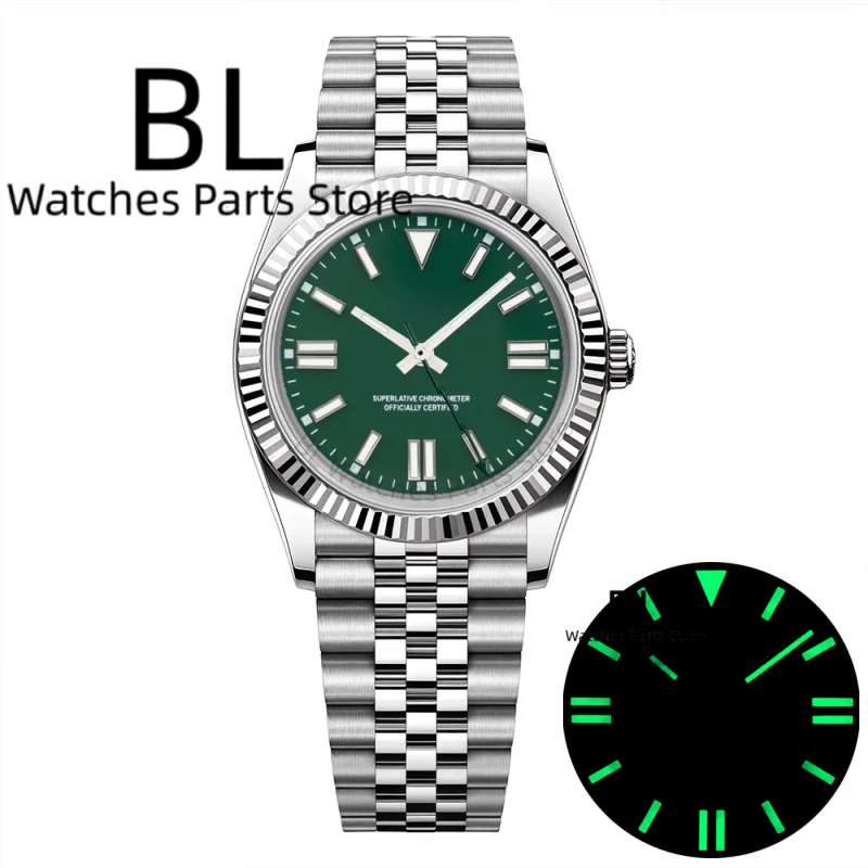 BLIGER 36mm 39mm Fluted Case Wristwatch Shiny Green Dial No Date Sapphire Glass Fashion Couples Watches Sapphire Waterproof 100m