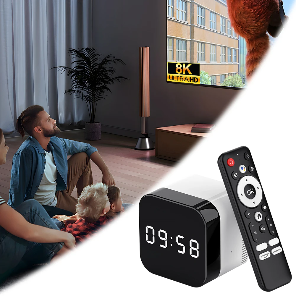 Smart TV Box Android 14.0 WIFI 6 BT 5.X Media Player 8K Alarm Clock Set Top Box with 2.4G Voice Remote Control