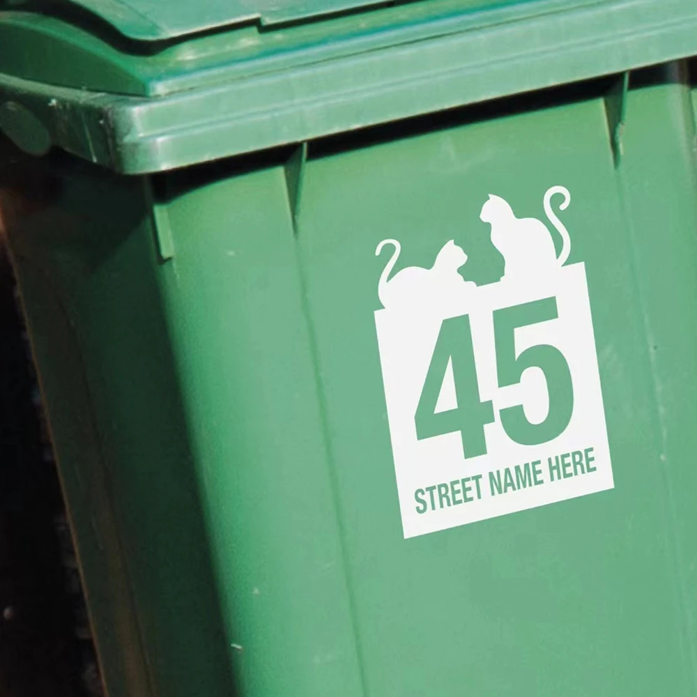 3Pcs Cute Cats Wheelie Bin Stickers Cartoon Animal Custom House Number Vinyl Trash Decal Container Stickers Removable Outdoor