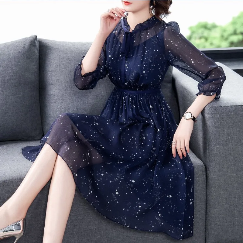 Dresses New Spring Summer Women Elegant Slim Dress Fashion Starry Sky Floral Navy Blue Chiffon Dress Dress for Women