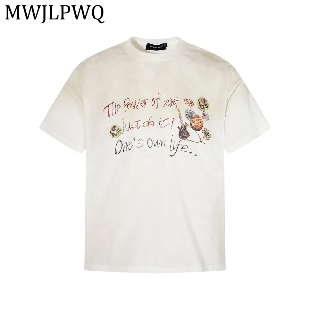 

Мужская футболка с коротким рукавом MWJLPWQ с ручной росписью и принтом, эффектом потертости и спрей-окрашивания, свободного кроя, в стиле хип-хоп, нишевая модель 14076