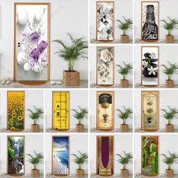 3D Door Sticker Wallpaper Self-adhesive Purple Flowers Landscape Door Decal Mural for Bedroom Bathroom Vinyl Poster Home Decor