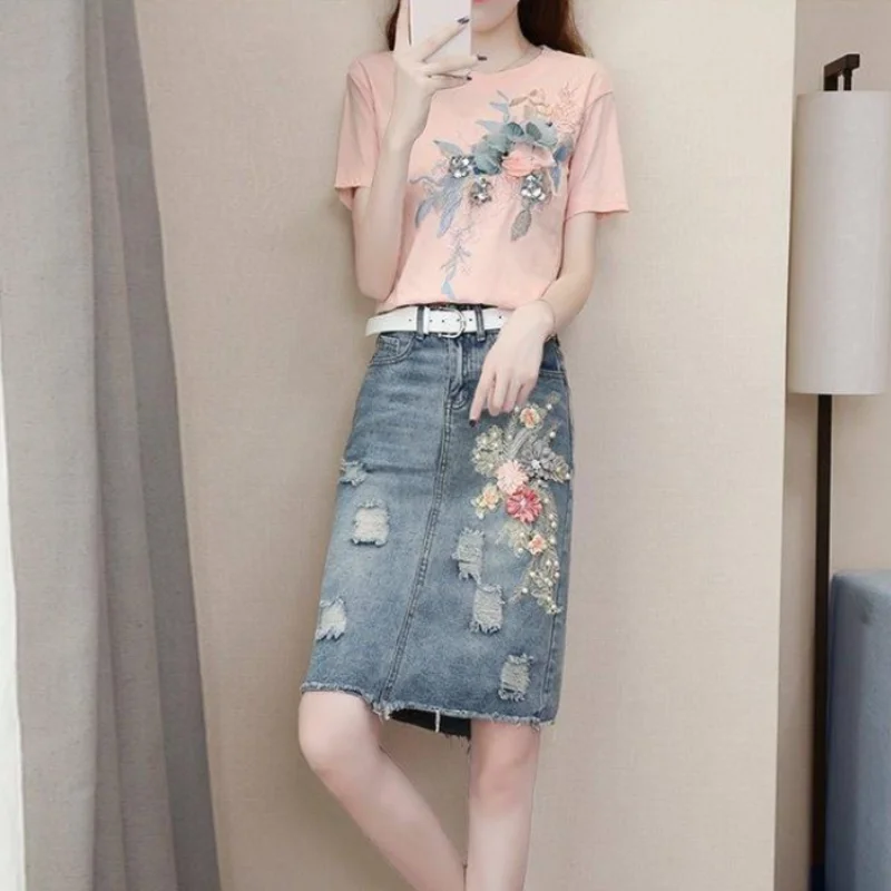 Denim Kawaii Short Sleeve Women's Two Piece Set Lightly Cooked Skirt Female Outfits Clothing New Arrivals Festival Matching Sets