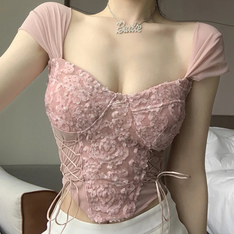 Women Bandage Sexy Lace Strapless Irregular Tops Solid Pleated Crop Tops With Bra Pad 2024 Women Summer Backless Slim Tank Tops