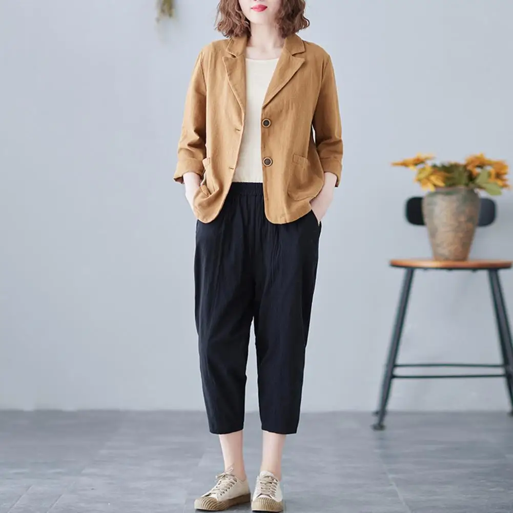 سترة من مزيج القطن بأزرار مزدوجة للنساء ، معطف بدلة أنيق ، ياقة مطوية لأسفل ، سترة أنيقة ، الخريف والربيع