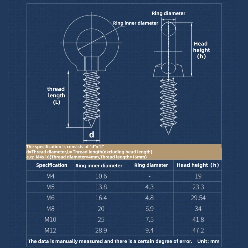 304 Stainless Steel Lifting Eye Self Tapping Screw M4 M5 M6 M8 M10 M12 Sheep Eye Round Ring Hook Screw for Hanging Fastener