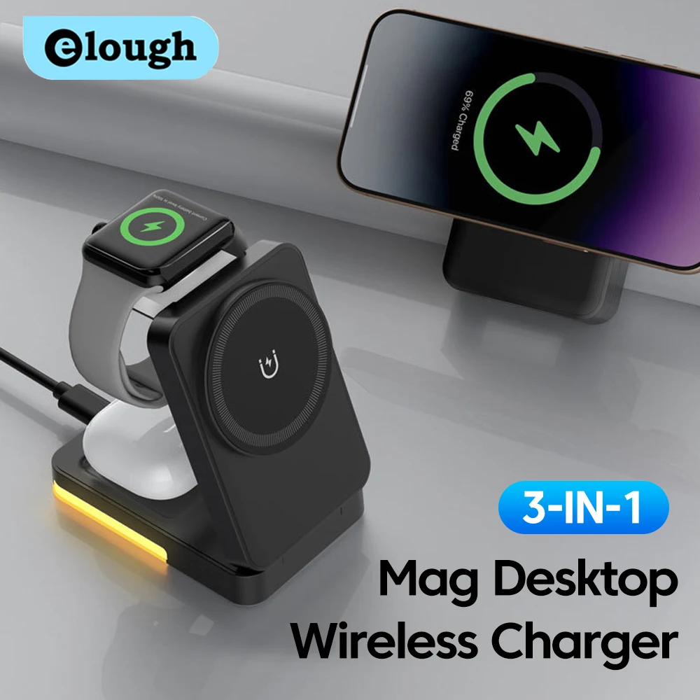 elough 3 in 1 15W Magnetic Phone Holder for iPhone 16 15 14 Foldable Wirelss Chager Station for Smart Watch Earphone