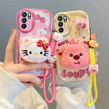 3D 만화 키티 베어 퍼 휴대폰 케이스, 스트랩 커버 포함 장난감, Oppo Reno 11 10 Pro 8 Lite 7 6 5 4 11F 8Z 8T 7Z 5K 5F 6Z 5Z 4F