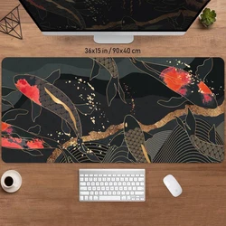 Tapete de Mesa Kawaii com Peixe Koi Mousepad, Preto e Dourado, Grande Deskmat Gaming, Mármore Mínimo, Boho Chic Desk Decor, XXL