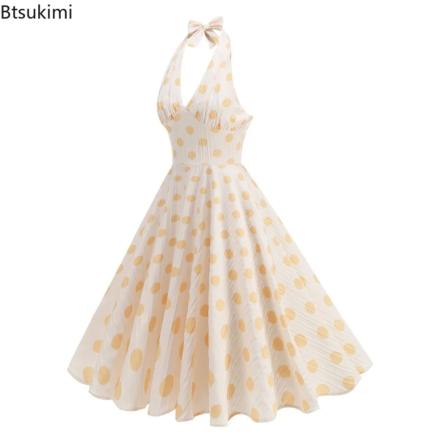 Nouveau 2025 femmes d'été à pois Rockabilly robe Vintage licou col en v profond sans manches dos nu robe de plage décontractée pour les femmes