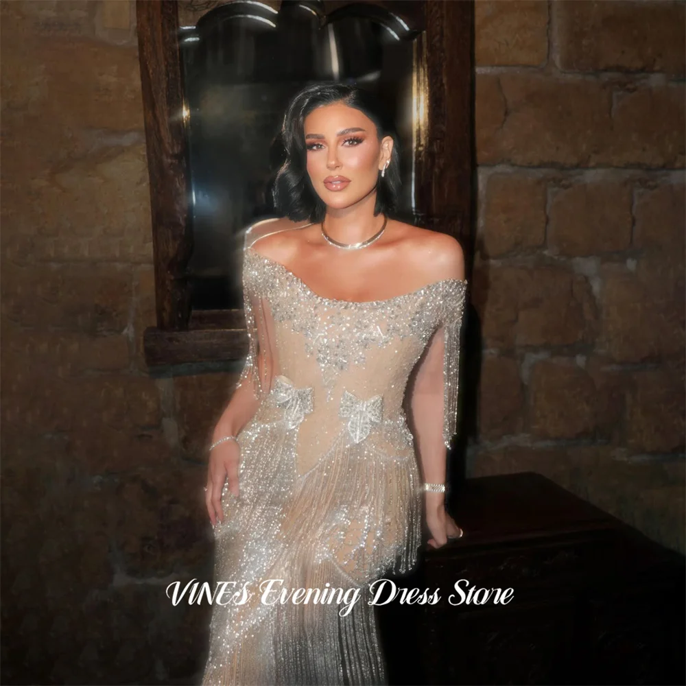 VINES Champagne Party Dresses Off the Shoulder Short Sleeve Evening Dresses Tassel and Bow فساتين السهرة Gala Dress Customized image 2