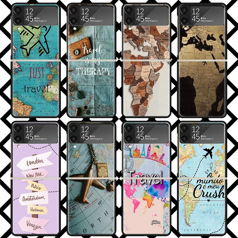 World Map Travel Plans Phone Case For Samsung Z Flip 7 6 5 4 3 Galaxy ZFLIP7 ZFlip6 5G Flip5 Flip4 Flip3 5g Black Hard Cover