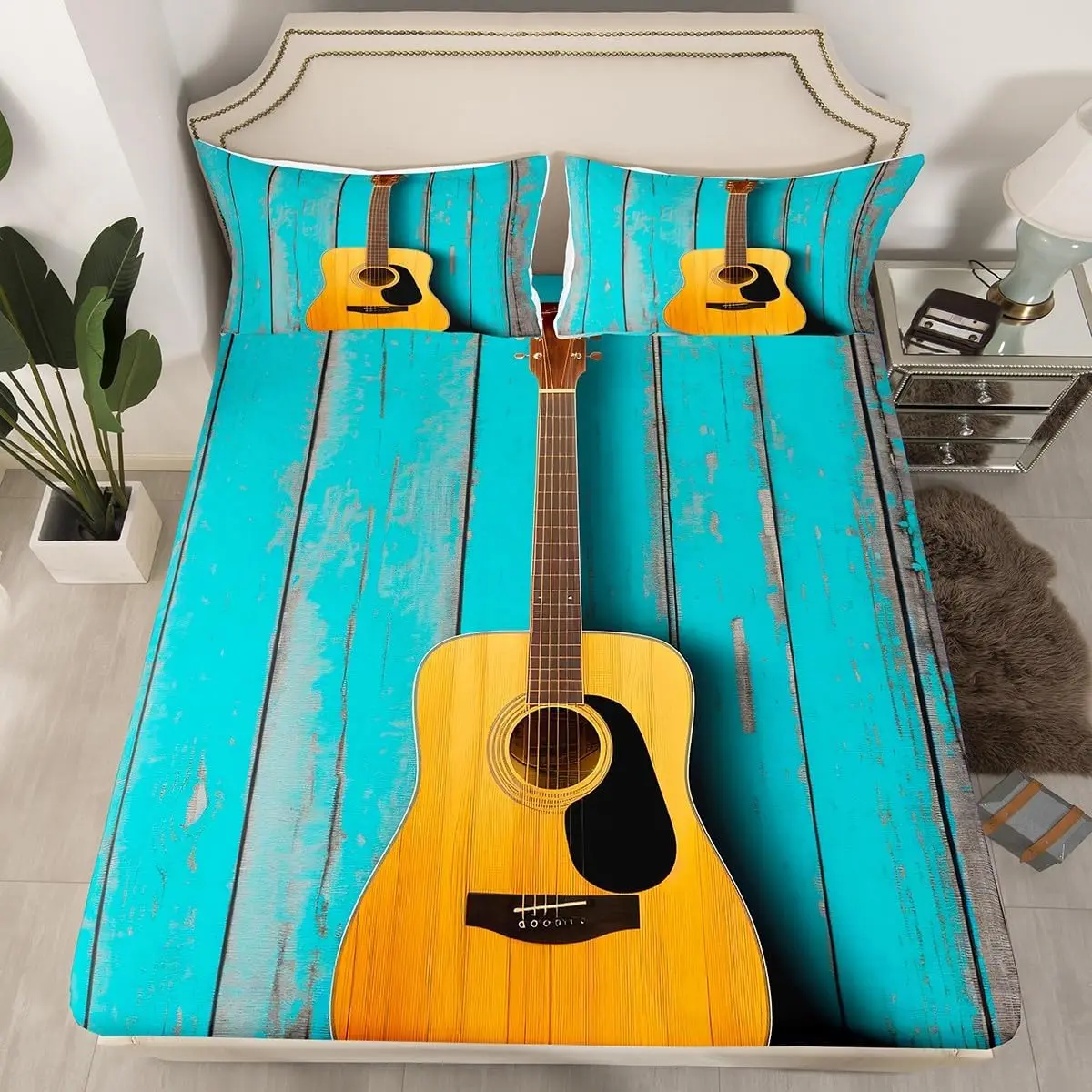 Guitar Fitted Sheet Full Queen Size Rock Music Theme Bed Sheet Set for Kids Boys Girls Bedroom Decor Country Style Sheets Set