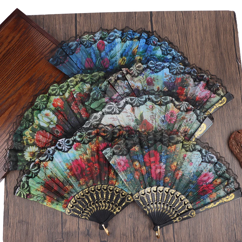 1Pc Lace Folding Fan Black Wooden Shank Classical Dance Folding Fan High Quality Elegent Ladies Fan Home Decor