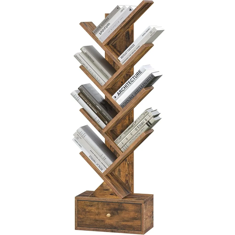 

9 Tier Tree Book Shelf with Drawer, Floor Standing Bookshelf Storage Organizer Bookshelves for Books/CDs, 9 Shelf Narrow Bookcas