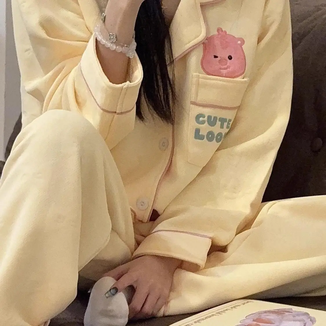 

Комплект домашней одежды больших размеров: утепленный, свободный, комфортный, для полных женщин, осенне-зимний, в корейском стиле, уютный домашний костюм