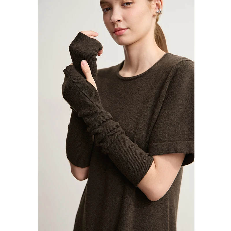 Amii Womens Dresses 2025 Winter New Minimalist Round Neck Loose Elastic Short Sleeves Knitted Wool Dresses For Woman 12544053