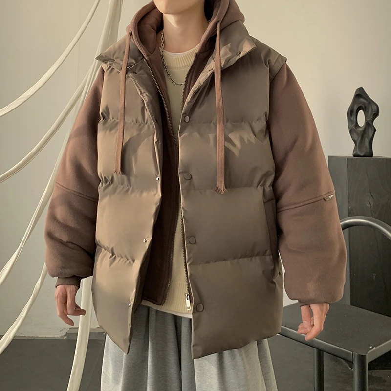 

Осень-зима мужские парки с капюшоном мужские повседневные искусственные двухсекционные пальто мужские лоскутные теплые парки мужские корейские толстые стеганые куртки