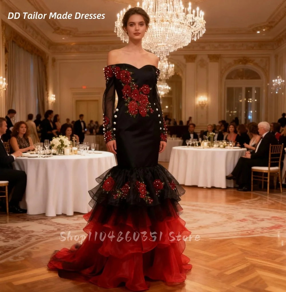 

Red And Black Mermaid Prom Dress Tiered Ruffle Train Floral Appliques Beaded Off-Shoulder Long Sleeves Evening Gowns Customized