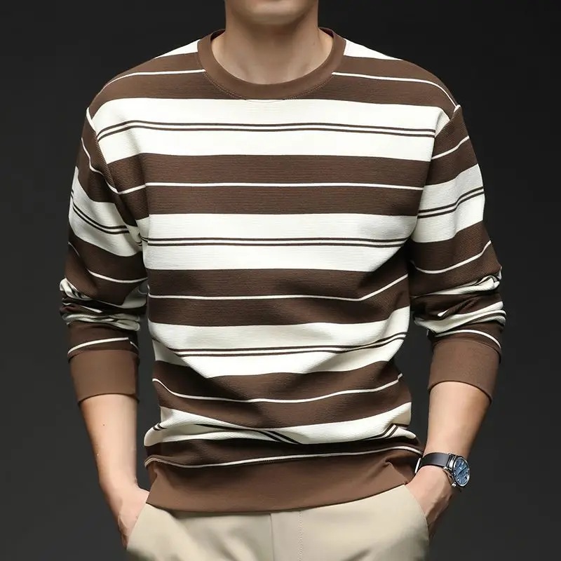 Men's Striped Long Sleeve T-shirt Spring Autumn Slim Fit Casual Sports Round Neck Pullover