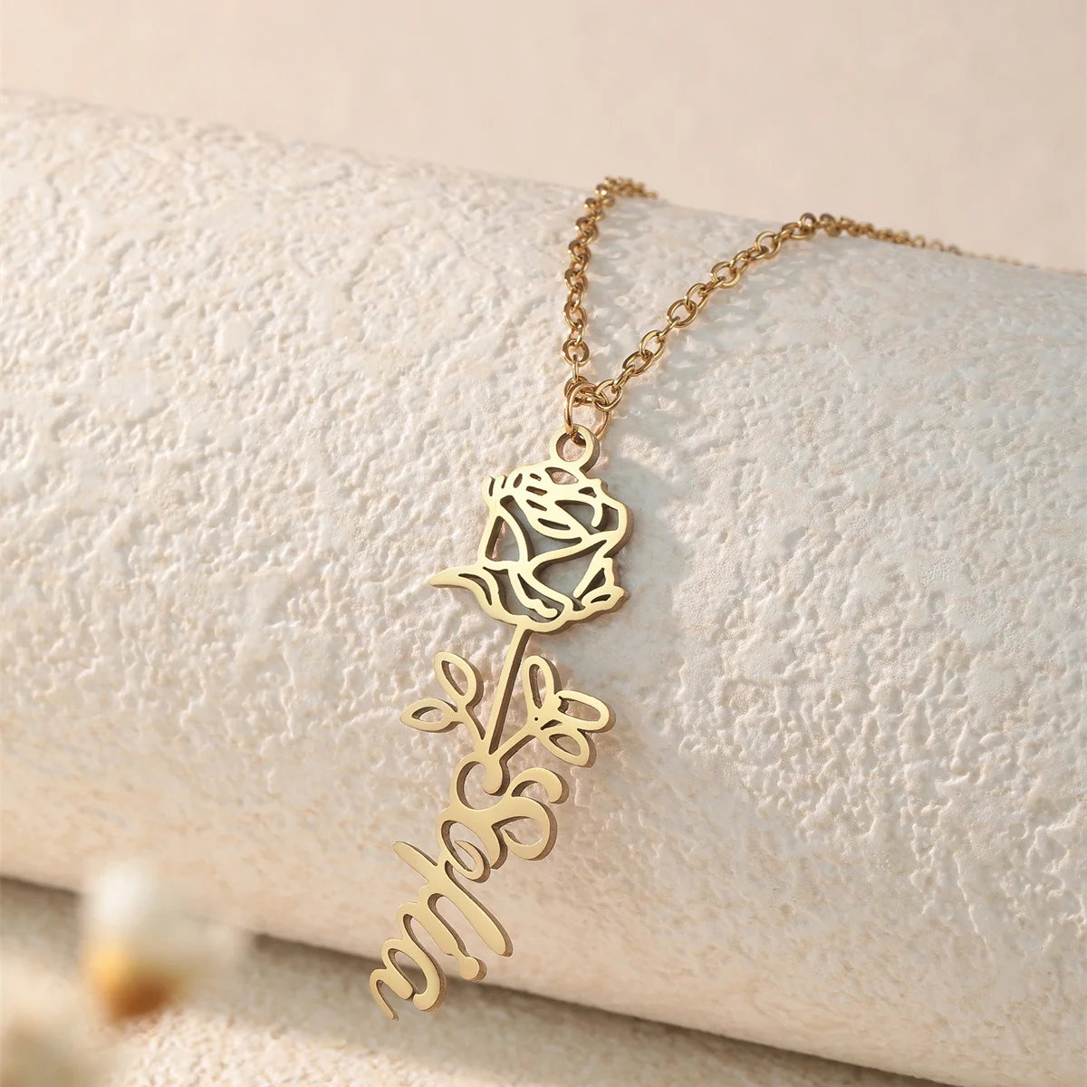 QIAMNI Custom Name Rose Flower Necklace for Women Stainless Steel Romantic Nameplate Pendant Chain Choker Wedding Jewelry Gifts