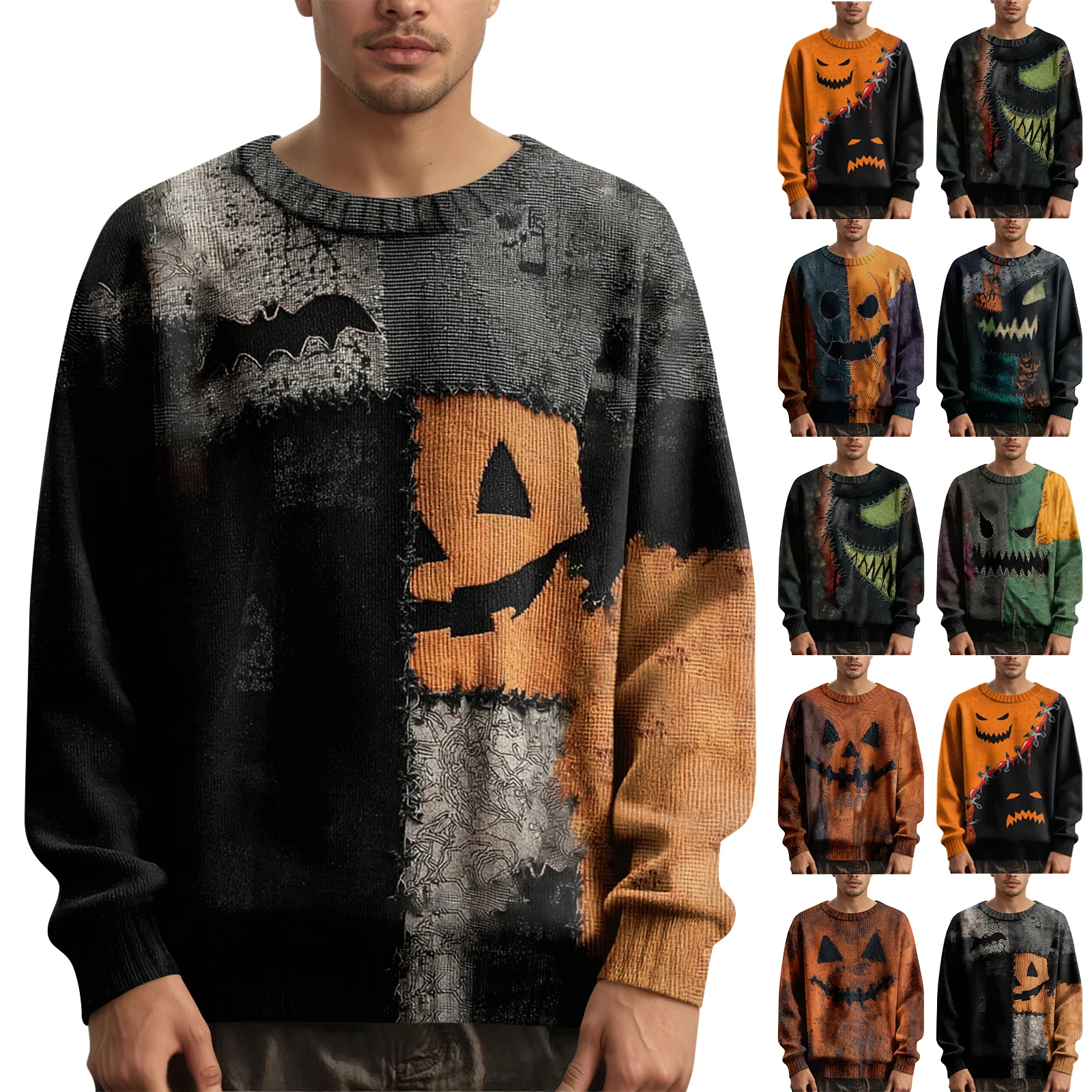 

Halloween Ghost And Jack-O-Lantern Pattern Men'S Long Sleeve Pullover Sweater Casual Halloween Print Knit Oversized Sweater ﻿