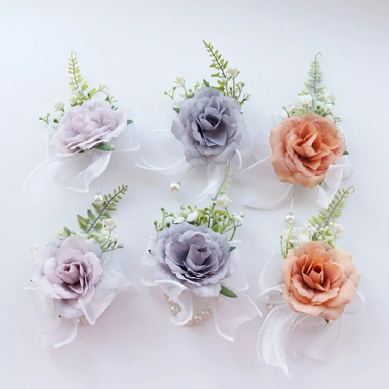 Boutonnière et corsage de poignet pour mariage, art floral, poubelle colorée, réunion d'affaires, ouverture des invités, 475