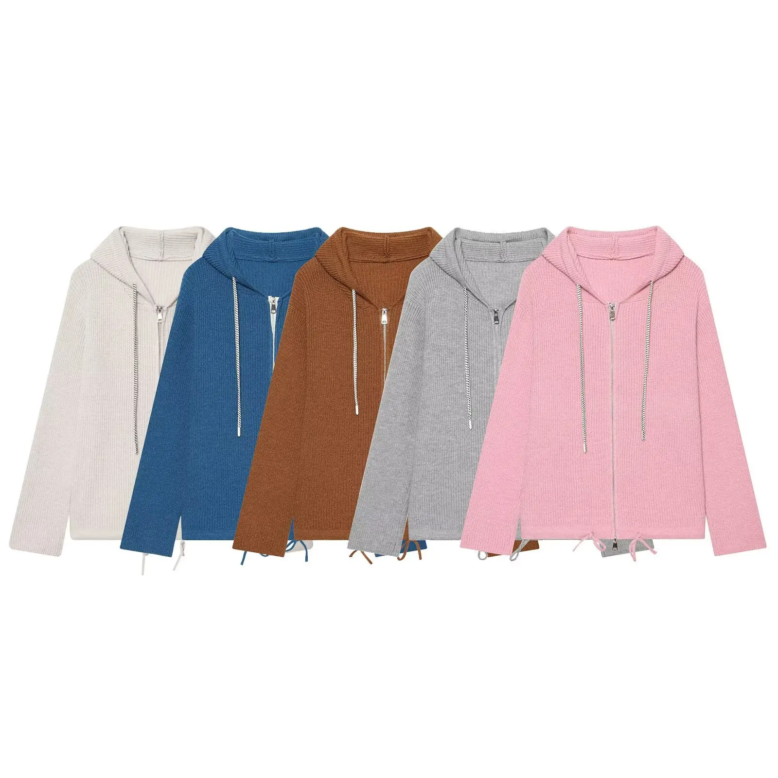 Fashion Women Hooded Zip‑Up Knit Jacket Casual Drawstring Long Sleeve Versatile Cardigan