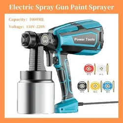 Pistola de pintura sem fio elétrica de alta pressão, 1000ml, 1100W, pulverizador destacável, revestimento de parede, ferramentas aerógrafo, 110V, 220V