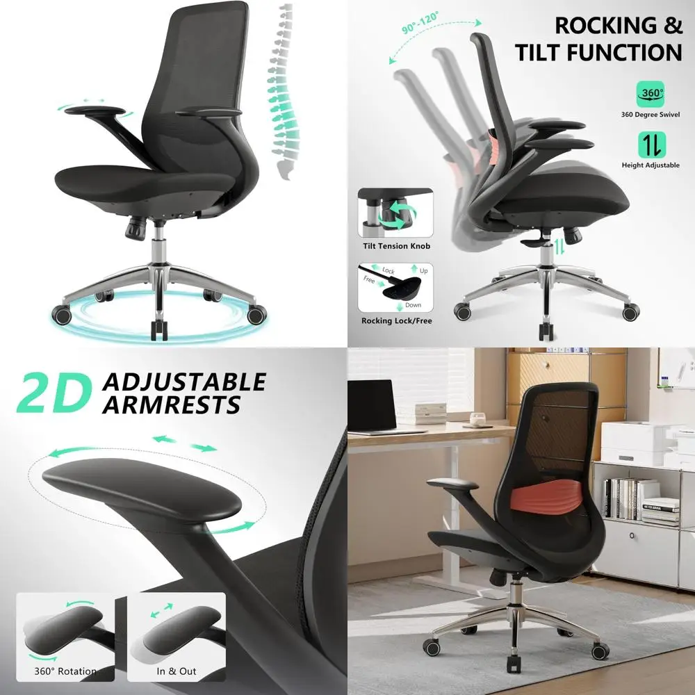 Sedia da ufficio ergonomica in rete con schienale alto e supporto lombare e 360 °   Braccioli girevoli regolabili, sedia da scrivania reclinabile con inclinazione