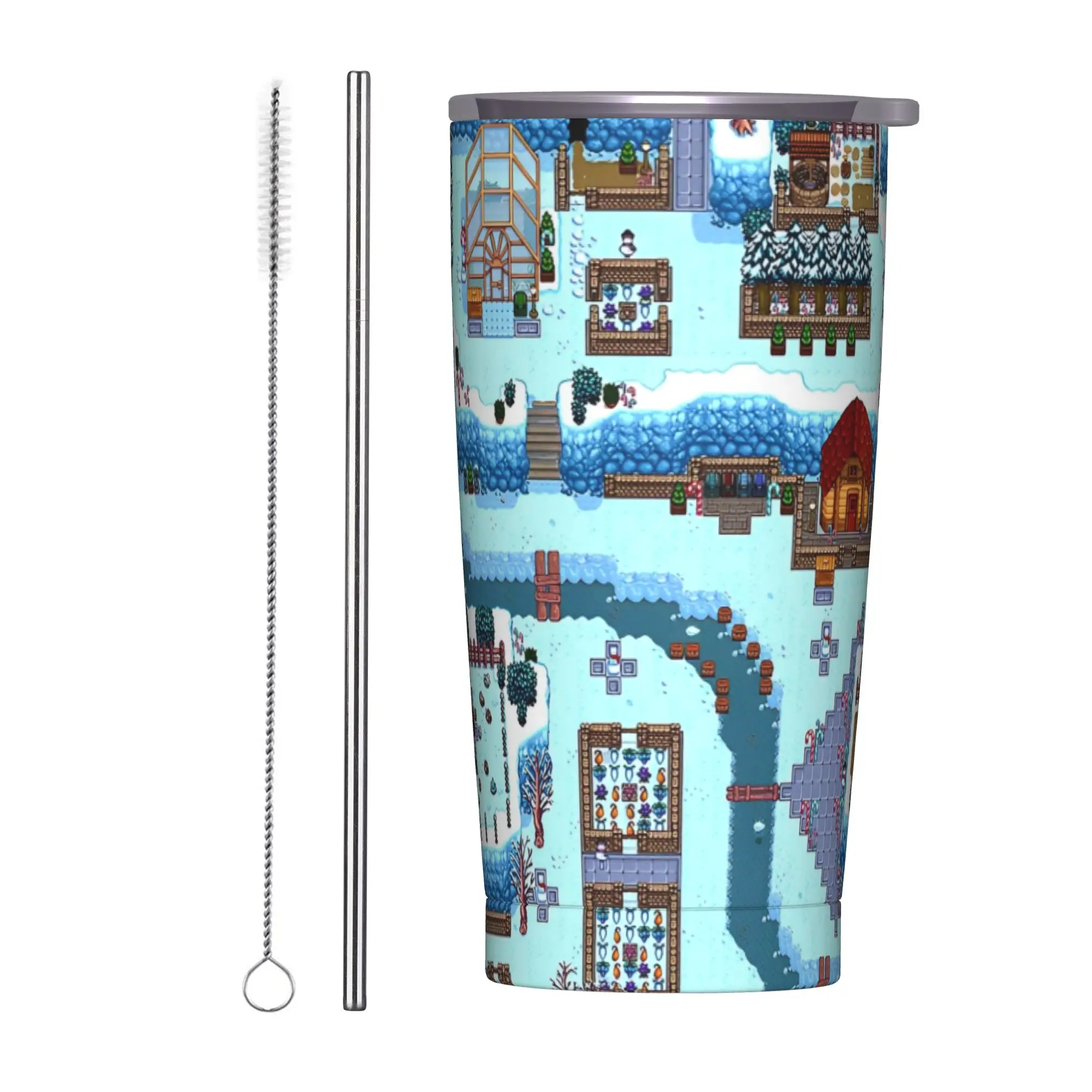 

Stardew Valley House Map Snow 20oz Vacuum Insulated Tumbler Management Games Mugs Reusable Cup Double Walled Water Bottle School