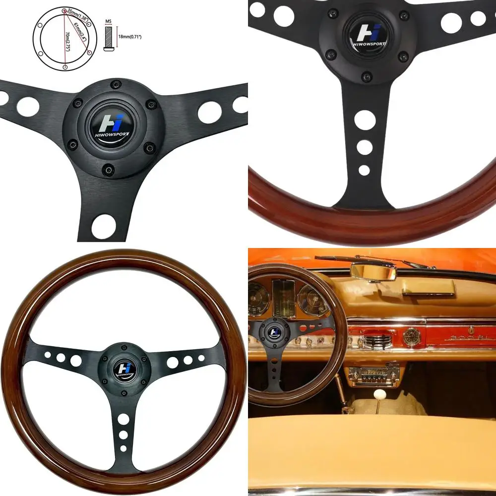 

14-дюймовый универсальный классический руль под дерево, матовый, 3 спицы, гоночный руль глубиной 1,5 дюйма с кнопкой звукового сигнала, 6 болтов