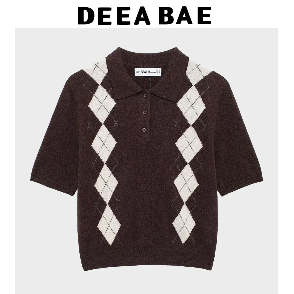 DEEABAE British College Style Brown Diamond Pattern Short-sleeved Sweater 2025 Spring New Chic And Beautiful Top