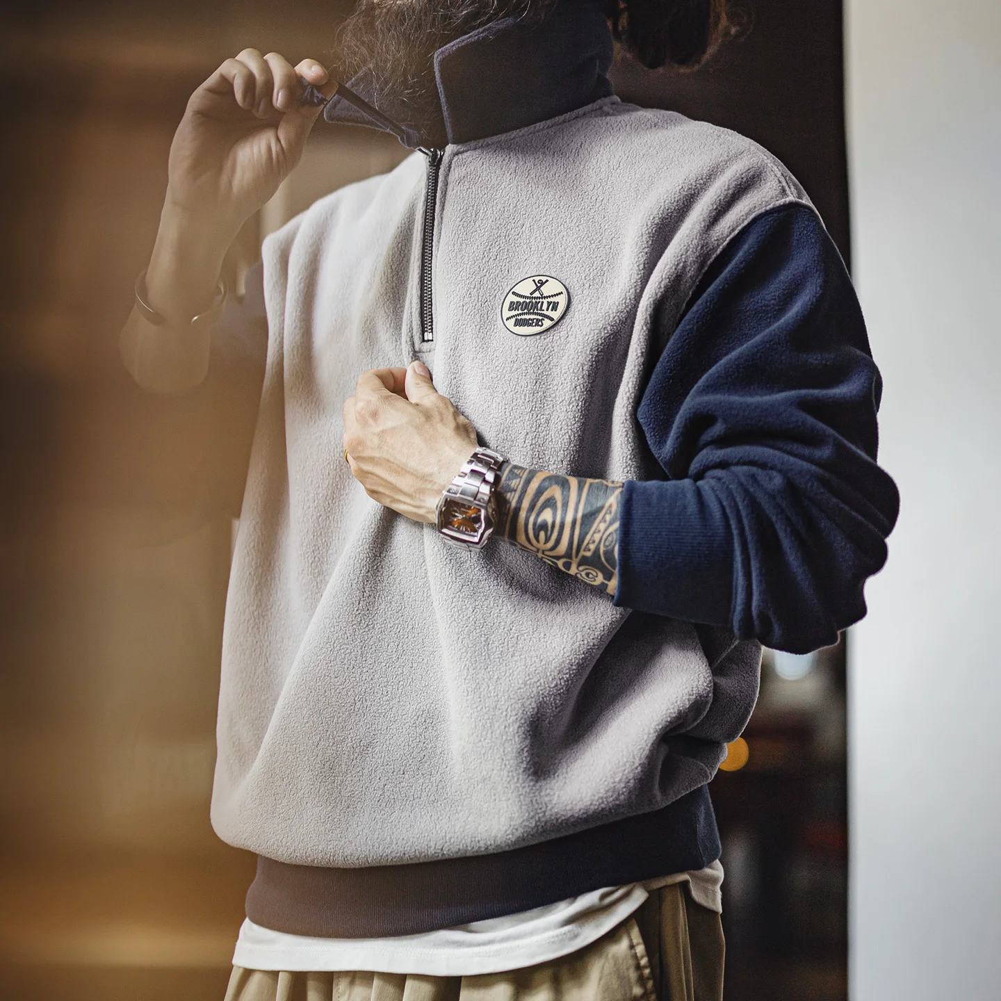 

Maden Men's Polar Fleece Half Zip Sweatshirt Preppy Style Polo Collar with Color Block Thermal Pullover for Fall Winter Layering