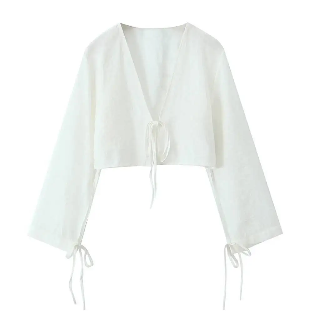 Summer New Product Women's Style Slim Fit V-Neck Long Sleeve Lace Up Flowing Short Shirt Top