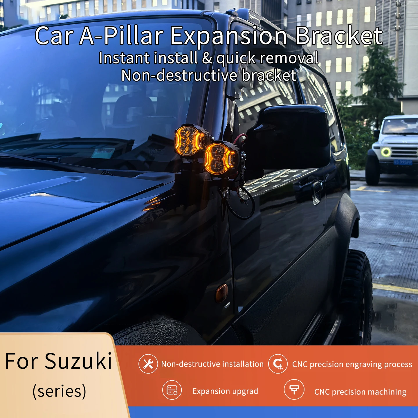 Quick-release A-pillar/hood spotlight bracket for Suzuki Jimny Pre-facelift (1998–2012 / without bonnet scoop) aluminum