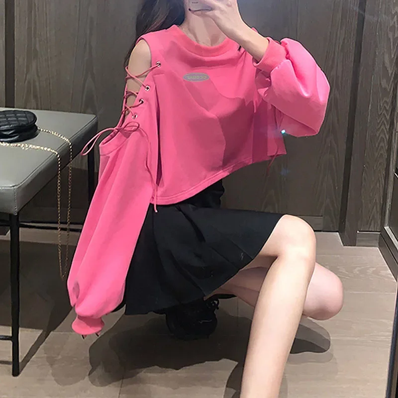 

Harajuku Ladies Solid Loose Sexy Hollow Out T-shirts Indie 2024 Fall Women Korean Long Sleeve Pink Cropped Tops Y2k Hot Tshirts