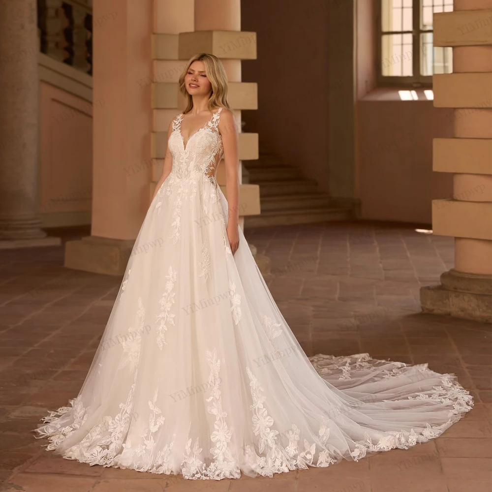 

Boho Lace Applique A Line Wedding Dresses 2025 Luxury V-Neck Backless Civil Bridal Gown Customized Sleeveless Bride Dresses