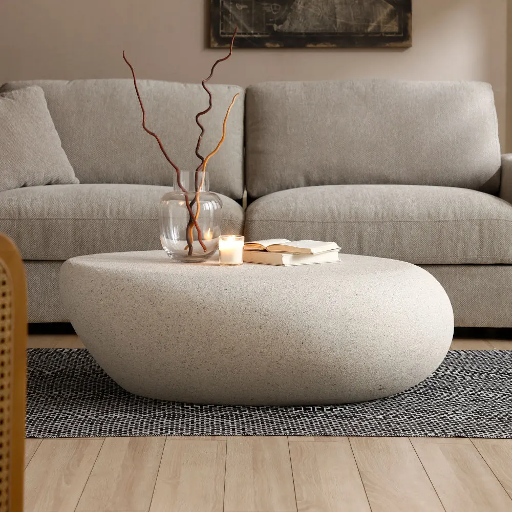 43.3 Inch Fiberglass Elliptical Coffee Table Vintage Irregular Center Table Matte Finish for Living Room Sofa Front Cream White No Assembly